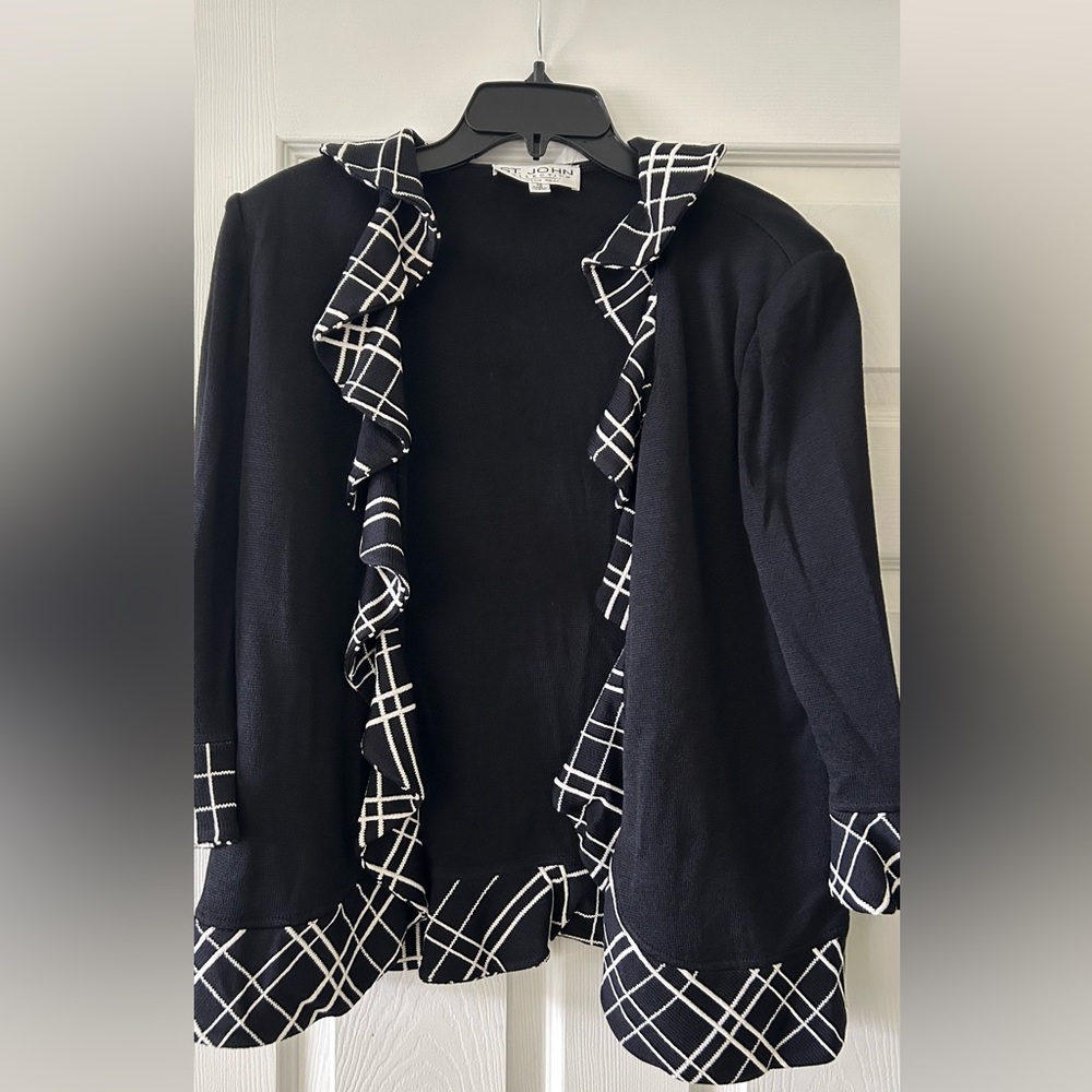 St John  Black and White Cardigan with Geometric Trim